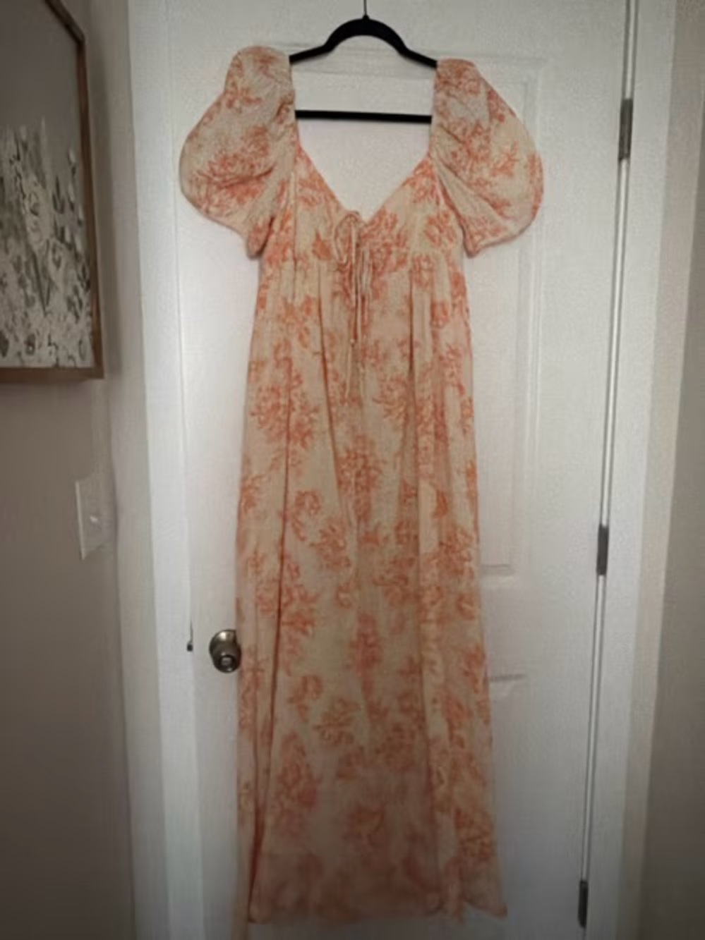 100% Cotton Light Peach Floral Maxi Dress with Tie-Front - Bump friendly - Picture 3 of 5